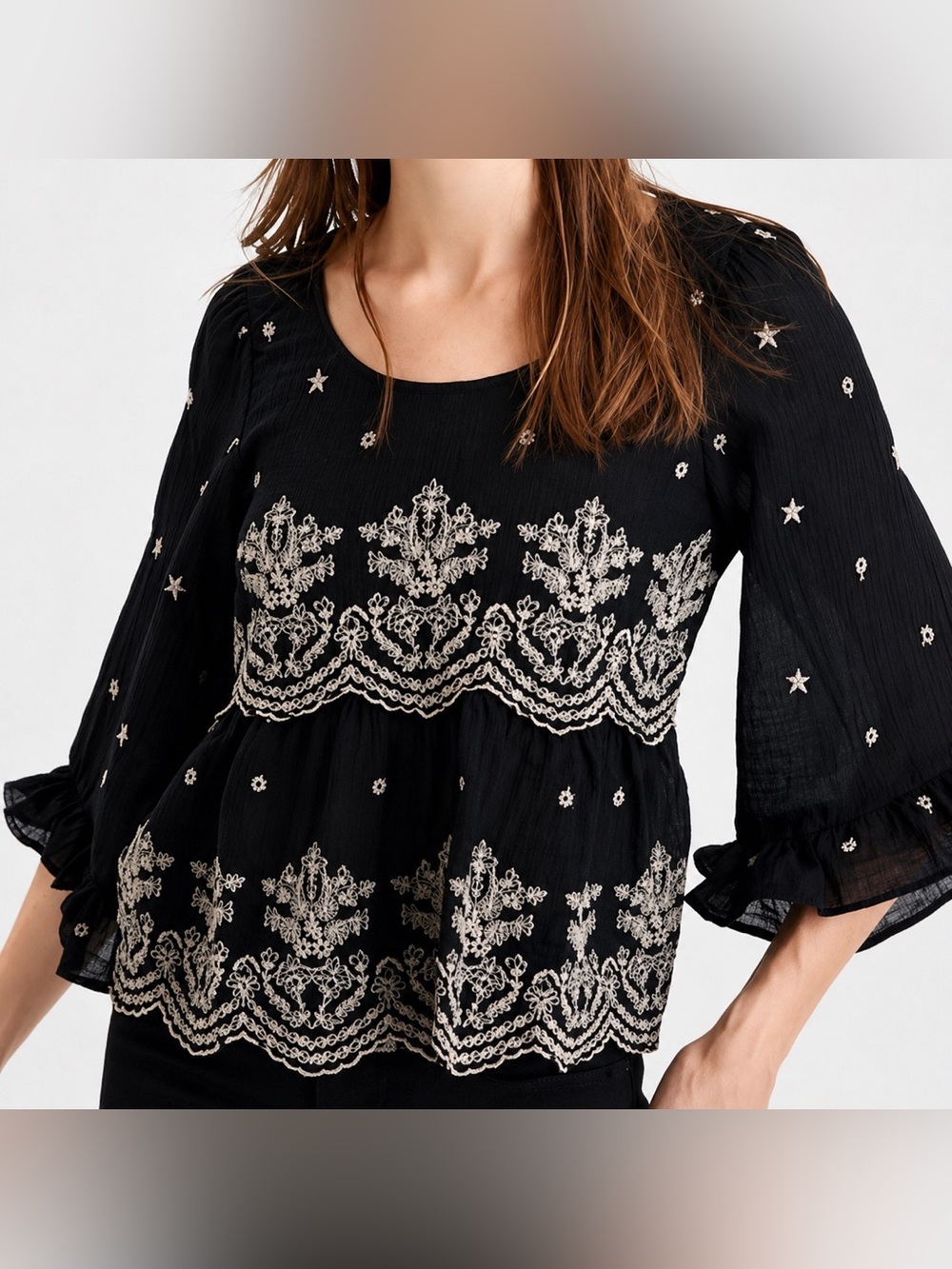 American Eagle Embroidered Peasant Blouse Small Black Star Peplum Boho Top
